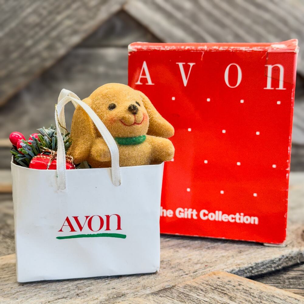 Avon Holiday Friend Dog In A Shopping Bag-Vintage Christmas Ornament-w Box-3.25"